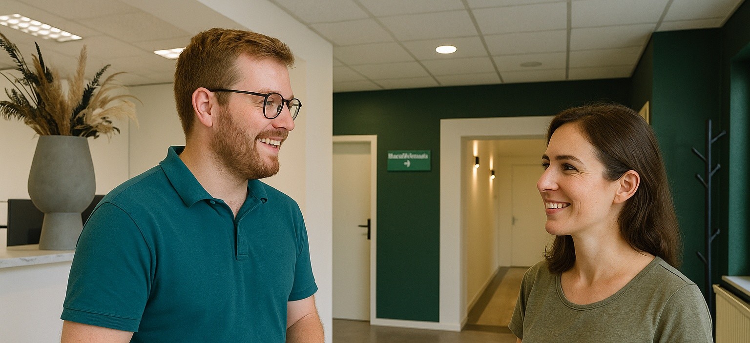 Tandarts met cliënt in gesprek in de tandartspraktijk, allebei lachend met een goed gebit